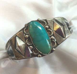 Vintage American Southwest Silver Turquoise Stamped Cuff Bracelet 25.  6 Grams