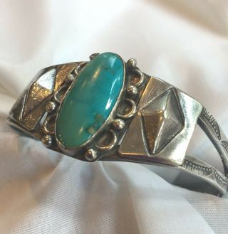 Vintage American Southwest Silver Turquoise Stamped Cuff Bracelet 25.  6 Grams 2