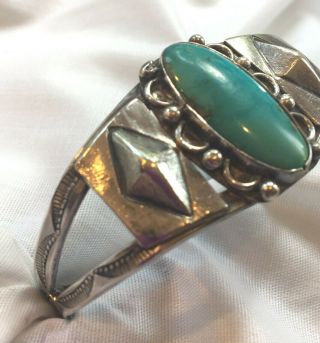 Vintage American Southwest Silver Turquoise Stamped Cuff Bracelet 25.  6 Grams 3