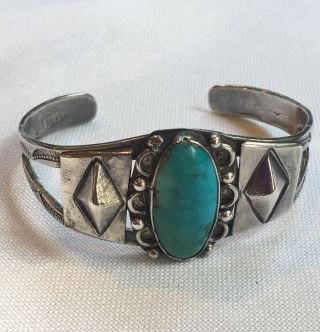 Vintage American Southwest Silver Turquoise Stamped Cuff Bracelet 25.  6 Grams 4