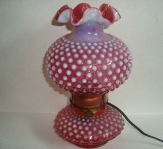 Vintage Fenton Hobnail Cranberry Opalescent Oil Lamp