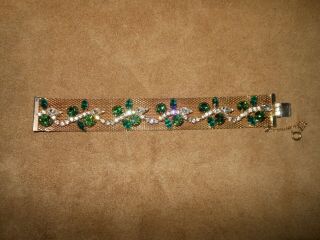 Vintage Hattie Carnegie Gold Tone Wide Mesh Bracelet w/Green & Clear Rhinestones 2