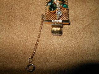 Vintage Hattie Carnegie Gold Tone Wide Mesh Bracelet w/Green & Clear Rhinestones 3