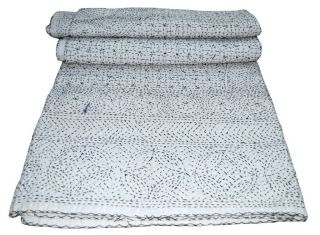 King Size Vintage Tribal Kantha White Quilt Cotton Bed Cover Throw Gudari