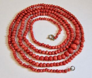 Vintage Natural Salmon Red Coral Graduated Bead Flapper Length Necklace 42” 30g