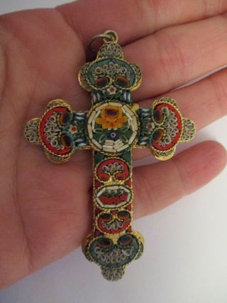 Large 3 " Floral Micro Mosaic Cross Pendant Catholic Religious Italian