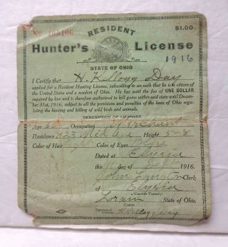 Vintage 1916 Ohio Resident Hunter 