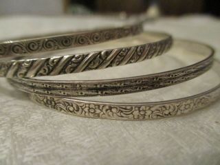 4 Vintage Sterling Silver Thin Etched Design Bangle Bracelets Signed Sterling