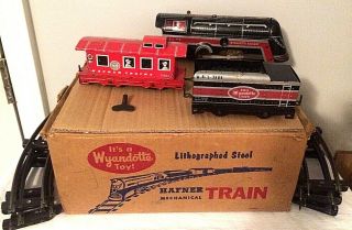 Vintage Hafner Wind - Up Train Engine Set & Box Made By Wyandotte Toys
