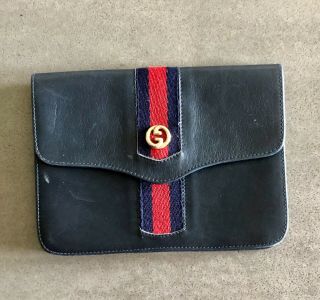 Vintage Navy Leather Gucci Clutch With Web Stripe