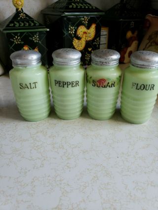 Vintage Jeanette Jadite Salt Pepper Sugar Flour Shaker Set