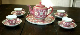 Vintage Chinese Mun Shou Rose Longevity Porcelain Teapot Set W/ Serving Plate