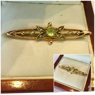 Antique Vintage Jewellery 9ct Gold Seed Pearl & Peridot Gem Stone Brooch Pin