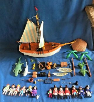 Vintage Playmobil 3055 Naval Schooner Pirate Ship Adventure Boat,  Figures Shark,
