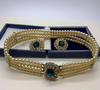 Vintage Jewellery Sapphire/clear Crystal Pearl Choker/necklace/earrings Set
