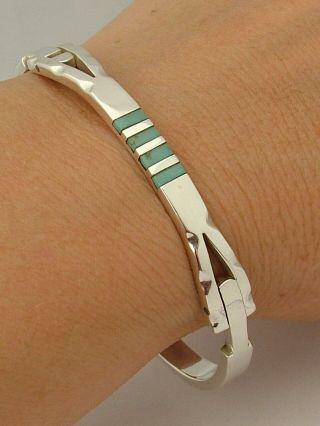 Vintage Taxco Mexico Heavy Solid 925 Sterling Silver & Turquoise Bangle Bracelet