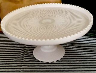 Vintage Cake Plate,  Pedestal,  Jeannette,  Pink Milk Glass,  1950s,  Beaded,