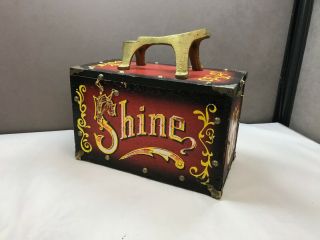 Vintage Wooden Painted Shoe Shine Box Brass Footrest 5 Cents