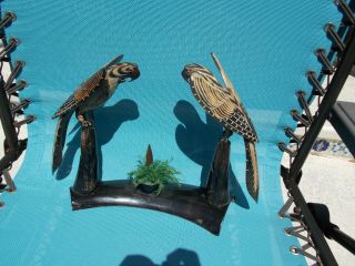 Vintage Hand Carved Water Buffalo Horn Parrots,  On - of - a - Kind,  Made in Thailand 2