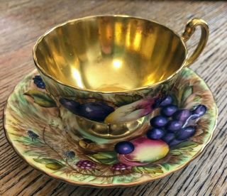 Vintage Aynsley Heavy Gold Orchard Fruit Tea Cup & Saucer Signed N Brunt