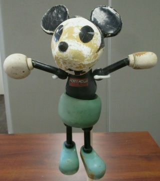 Vtg Fun - E - Flex Jointed Wood W/composition Head Mickey Mouse Doll 9 - 3/4 " Disney