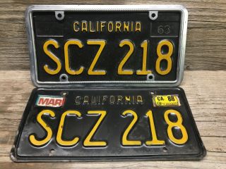 Vintage 1963 California License Plates Pair Dmv Cleared Scz 218 W/ Vtg Frame