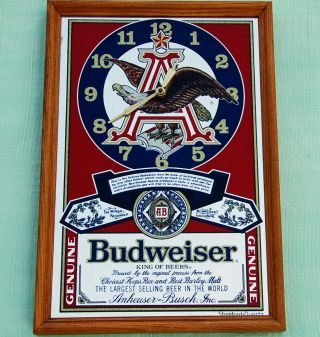 Budweiser Mirror Clock Vintage Metal Flake Finish Wood Frame