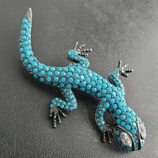Signed Joan Rivers Large Turquoise Lizard Gecko Brooch Pin Crystal Desert O39