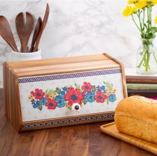 ✨ Pioneer Woman Bread Box Acacia Wood Dazzling Dahlia Fiona Vintage Floral ✨