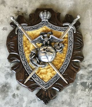 Rare Woodmetal Semper Fidelis Marine Corp Coat Of Arms Crest/shield Wall Hanging