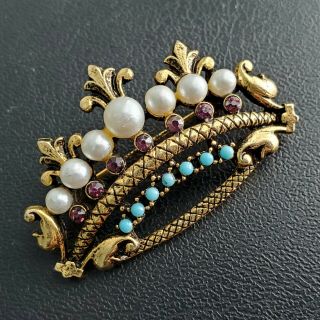 Signed Art Vintage Crown Royalty Figural Turquoise Pearl Amethyst Brooch Pin O67