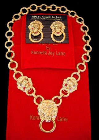 Kenneth Jay Lane Gold Lion Door Knocker Necklace Earrings Set Nib