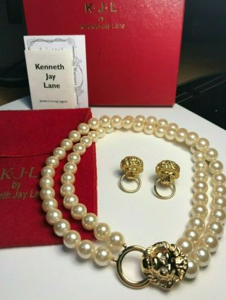 Kjl Kenneth Jay Lane Double Strand Faux Pearl Lion Clasp Necklace & Earrings