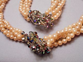 1960s Anne Klein 4 Strand Pearl Iridescent Crystal Bead Necklace,  Monet Bracelet