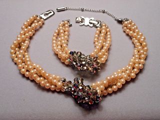 1960s Anne Klein 4 Strand Pearl Iridescent Crystal Bead Necklace,  Monet Bracelet 2