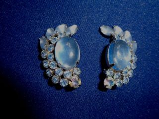 Vintage Weiss Signed Blue Cab,  Frosted & AB Rhinestone Pin Brooch Earrings Set 3