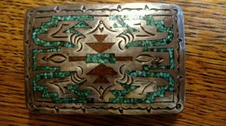 Vintage Navajo Belt Buckle Signed Rug Design Silver Crush Turquoise Coral Inlay