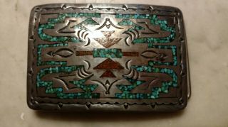 VINTAGE NAVAJO BELT BUCKLE SIGNED RUG DESIGN SILVER CRUSH TURQUOISE CORAL INLAY 2