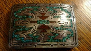 VINTAGE NAVAJO BELT BUCKLE SIGNED RUG DESIGN SILVER CRUSH TURQUOISE CORAL INLAY 3