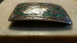 VINTAGE NAVAJO BELT BUCKLE SIGNED RUG DESIGN SILVER CRUSH TURQUOISE CORAL INLAY 6