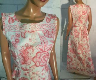 Vtg 60s Pink Floral/white Mod Cotton Sleeveless Summer Maxi Dress A Line Sz 10