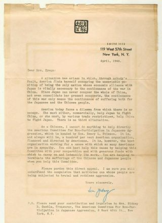 Rare Signed Lin Yutang Letter 1940 Fair Cond World War 2 Japan China