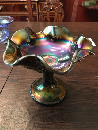 Vintage Purple Ruffled Rim Footed Carnival Glass Bowl Cherries Pattern
