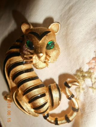 Vintage Gold / Enamel Goldtone Tiger Pin / Brooch With Emerald Eyes Signed