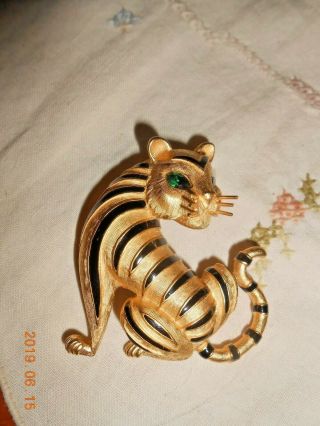 Vintage Gold / Enamel Goldtone Tiger Pin / Brooch with Emerald Eyes Signed 2