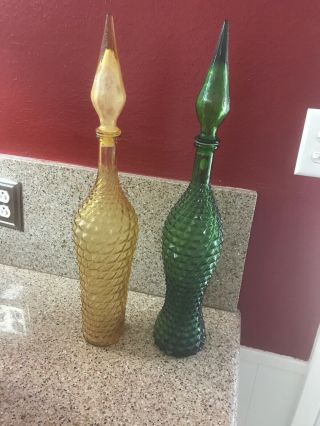 2 Vintage Rossini Empoli Glass Genie Bottles 22 1/2 " Amber And Green