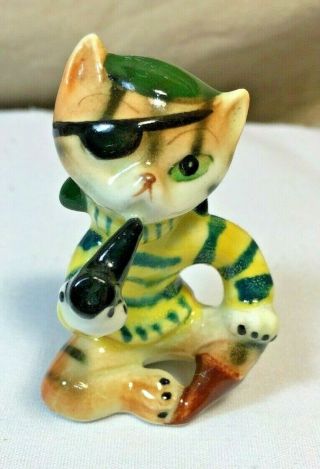 Vintage Peg Leg Porcelain Tabby Cat Figurine Pirate Eye Patch Pipe Japan C1950