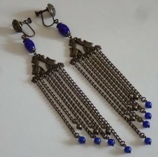 Long Antique Edwardian Art Deco Brass Chain Blue Czech Glass Chandelier Earrings