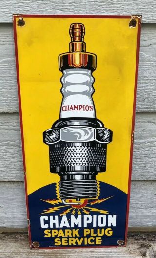 Vintage Champion Spark Plug Service 18 " X 8 " Porcelain Sign Gas Oil