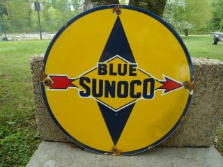 Vintage Blue Sunoco Motor Oil & Gasoline Porcelain Gas Service Station Pump Sign